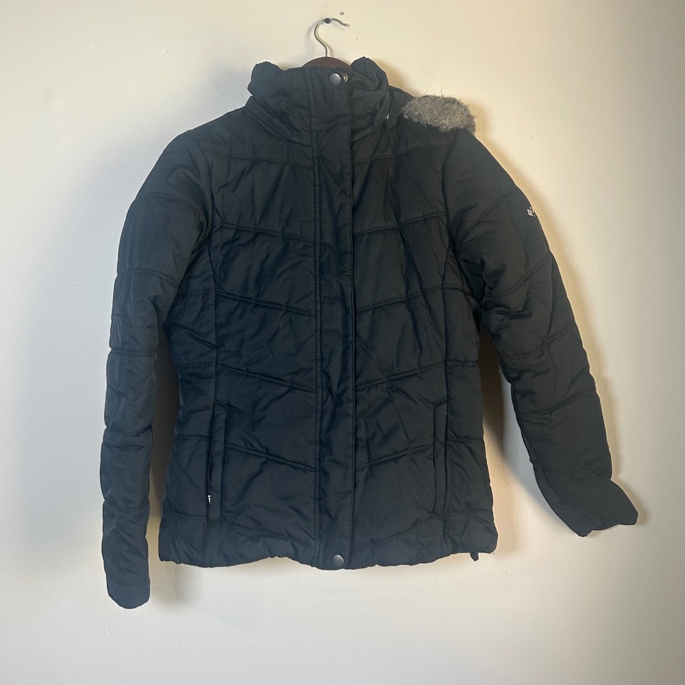 EUC Columbia Puffer Jacket Size Medium Black Removable Faux Fur‎ Hood